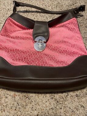 New York & Company Pink and Brown Signature Shoulder Bag with Silver Hardware